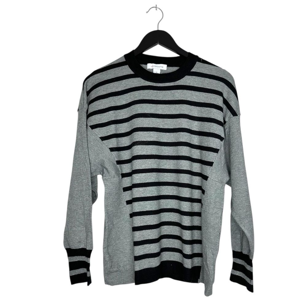 Liz Claiborne Gray Black Stripe Sweater Size XL Minimalist Classic Knit SEE NOTE